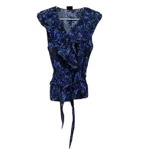 Who What Wear Women’s Blue Resist Print Palm Blouse Size XXL